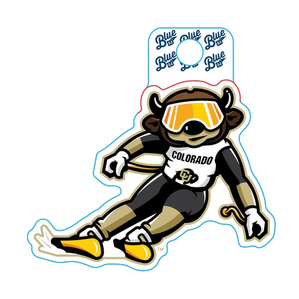 This Chip is dressed in a skiing uniform. His goggles, skis, and poles are all orange. His outfit is black and gold with a mostly white top. The top says Colorado and has a CU Buffalo logo on it.